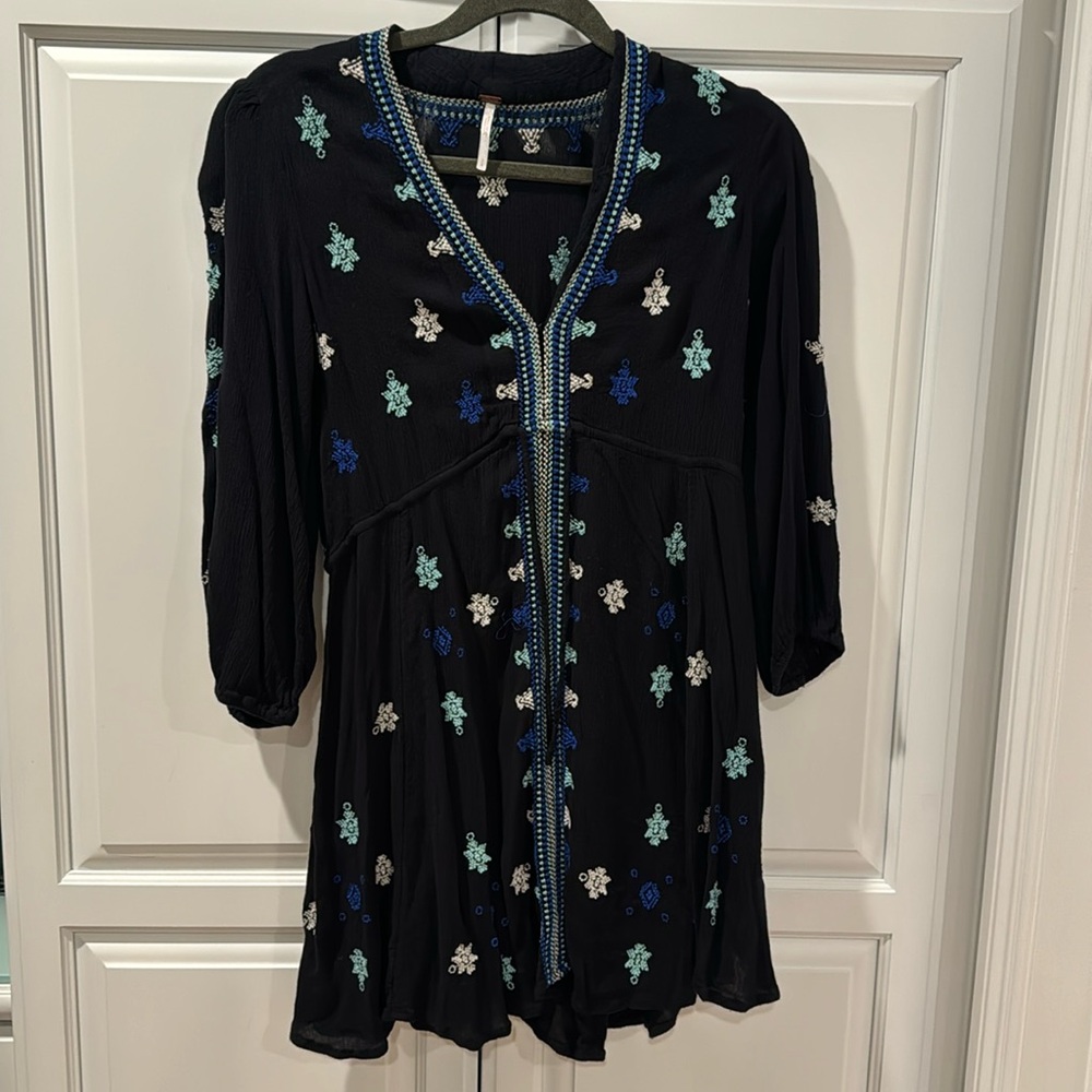 GUC free people black dress with blue and white embroidery